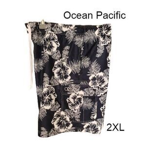 Men's Swimwear 2XL Swim Trunks Navy Blue Hibiscus Volley Pockets 2XL NWOT